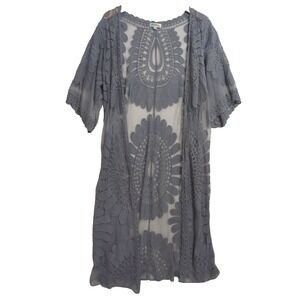 Rebellion Maxi Cardigan Women M Gray Sheer Open‎ Front Embroidered Boho